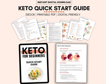 May include: A digital download titled "Keto Quick Start Guide" with the text "Keto for Beginners." The image shows a tablet and several printed pages with information about the keto diet, including meal prep and basic advice.