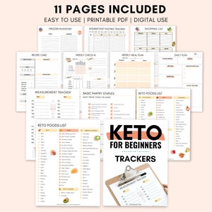May include: A printable PDF booklet with 11 pages of keto diet trackers. The cover features the text "Keto for Beginners Trackers" in a pink and black font. The pages include trackers for freezer inventory, intermittent fasting, shopping lists, recipe cards, weekly check-ins, meal plans, daily plans, measurement trackers, and keto food lists.
