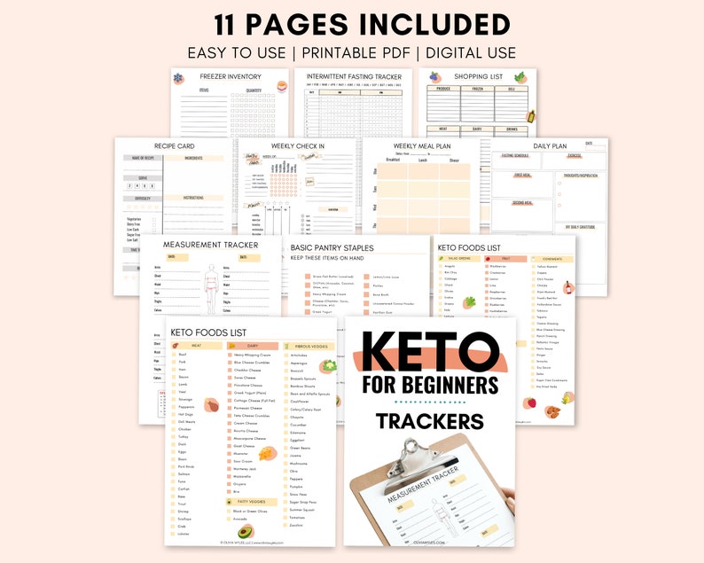 May include: A printable PDF booklet with 11 pages of keto diet trackers. The cover features the text "Keto for Beginners Trackers" in a pink and black font. The pages include trackers for freezer inventory, intermittent fasting, shopping lists, recipe cards, weekly check-ins, meal plans, daily plans, measurement trackers, and keto food lists.