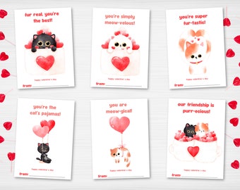 Printable Cat Valentine's Day Cards For Kids, Cute Classroom Valentine's Day Cards, Cat Pun Valentine's Cards, Instant Digital Download