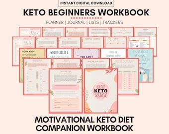 May include: A digital workbook for keto diet beginners. The cover features a pink and white floral design with the text "My Keto Diet" in a circle. The workbook includes sections for planning, journaling, lists, and trackers. The text "Motivational Keto Diet Companion Workbook" is at the bottom of the cover.