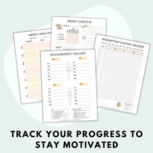 May include: Three printable trackers for health and wellness goals. The first tracker is a weekly meal planner with sections for breakfast, lunch, and dinner. The second tracker is a weekly check-in with sections for water intake, sleep, mood, and exercise. The third tracker is an intermittent fasting tracker with a calendar grid for tracking daily fasting periods.