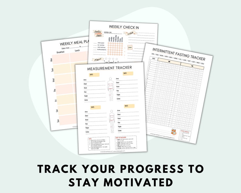 May include: Three printable trackers for health and wellness goals. The first tracker is a weekly meal planner with sections for breakfast, lunch, and dinner. The second tracker is a weekly check-in with sections for water intake, sleep, mood, and exercise. The third tracker is an intermittent fasting tracker with a calendar grid for tracking daily fasting periods.