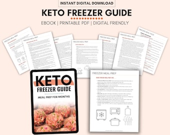 May include: A digital download guide for keto freezer meal prep. The cover features a tablet displaying the title "Keto Freezer Guide: Meal Prep for Months" with a photo of a plate of cooked meatballs. The guide includes printable PDF pages with tips and recipes for freezer meal prep.