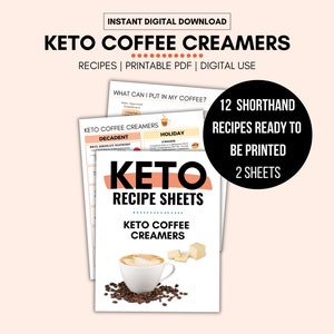 Afdrukbaar keto-koffiecreamers, keto-recepten, keto-spiekbriefjes voor beginners, keto-ontbijt, low carb-recepten, receptenkaart, keto-kookboek