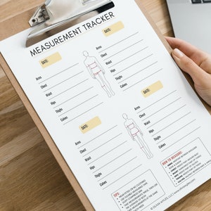 May include: A printable measurement tracker with three sections for recording body measurements. Each section includes a line drawing of a person with labels for arms, chest, waist, hips, thighs, and calves. The tracker includes instructions on how to measure each body part.