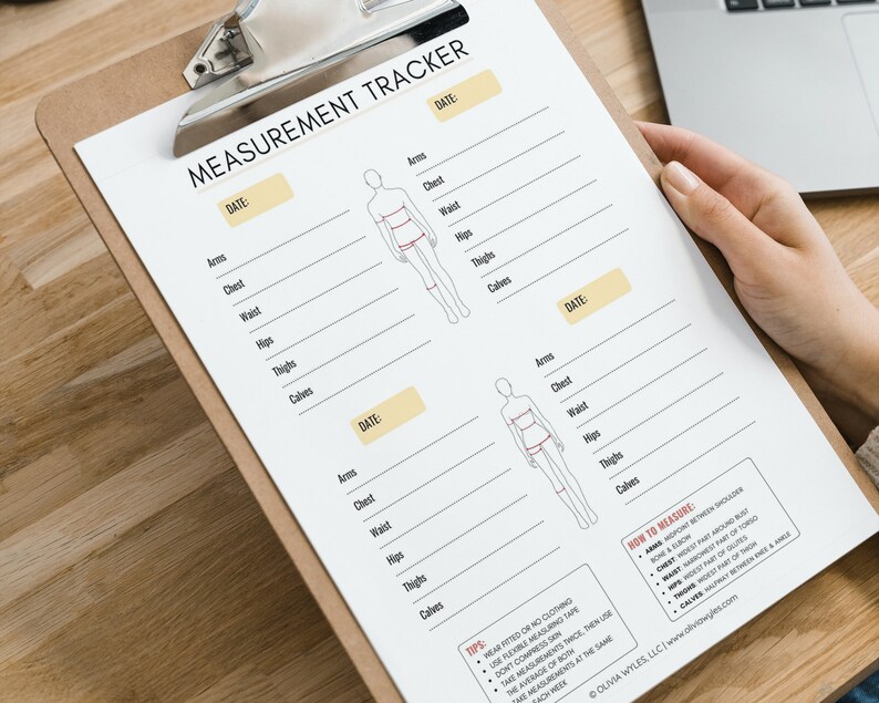 May include: A printable measurement tracker with three sections for recording body measurements. Each section includes a line drawing of a person with labels for arms, chest, waist, hips, thighs, and calves. The tracker includes instructions on how to measure each body part.