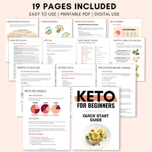 Mockup of Keto For Beginners Quick Start Guide showing 19 pages included in the bundle