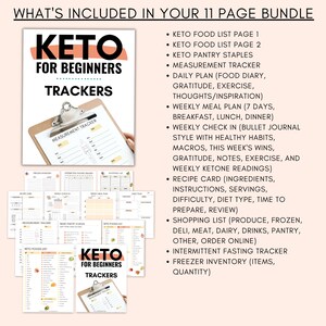 May include: A set of 11 printable keto diet trackers for beginners. The trackers include a measurement tracker, daily plan, weekly meal plan, weekly check-in, recipe card, shopping list, intermittent fasting tracker, and freezer inventory.