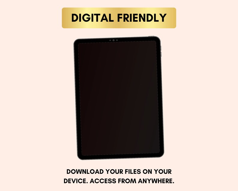 May include: A black tablet computer with a blank screen. The text "DOWNLOAD YOUR FILES ON YOUR DEVICE. ACCESS FROM ANYWHERE." is displayed below the tablet.