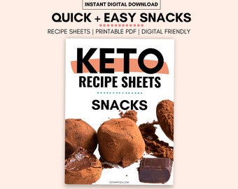 May include: A printable recipe sheet for keto snacks. The sheet features the text "Keto Recipe Sheets Snacks" in black text on a peach background. The image also shows a close-up of chocolate truffles.