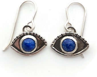 Lapis Blue and Silver Evil Eye Earrings, Hand-Stamped Silver Design with Custom French Hook Ear Wires, Handmade Lightweight Design