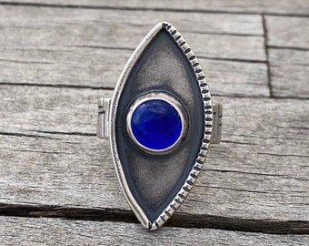 Evil Eye Ring with Wide Band, Size 11 US, Custom Fused Blue Cobalt Center Stone Set in Sterling Silver, Geometric Stamped and Antiqued Band