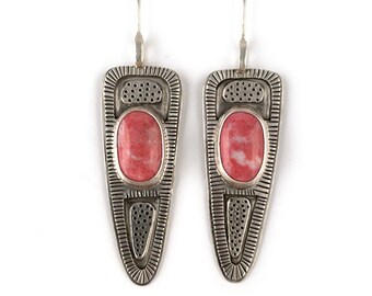 Pink Statement Earrings, Stamped Sterling Silver, Natural Thulite Stones, French Hook Dangles
