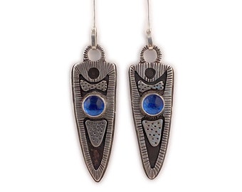 Blue Dangle Earrings, Large Lightweight Sterling Silver Statement Earrings with Custom Blue Glass Stone