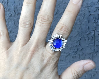 Large Blue Statement Ring, Size 9.5, Custom Fused Royal Blue Glass, Cocktail Ring with Sterling Setting and Geometric Pattern Stamped Band