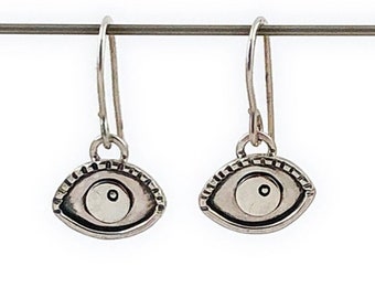 Sterling Silver Evil Eye Earrings, Hand-Stamped Silver Design with Custom French Hook Ear Wires, Handmade Lightweight Design