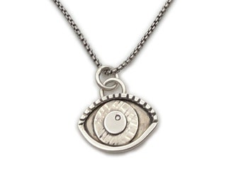 Sterling Silver All-Seeing Evil Eye Pendant Necklace, Custom made dangle eye charm on Box Chain with Lobster Clasp