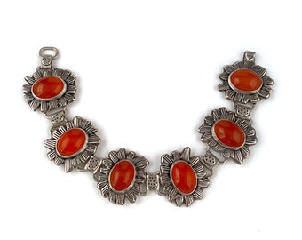 Handmade Statement Bracelet with Carnelian Stones and Silver Floral Design, 6" wrist intricate hammered and antiqued sterling silver texture