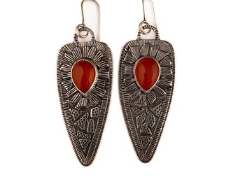 Carnelian Shield Dangle Earrings, Large Lightweight Sterling Silver Statement Earrings with Custom Teardrop Carnelian Stones