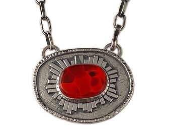 Bold Red and Silver Statement Necklace, Unique OOAK Hand-Built and Stamped Silver Shield with Custom Fused Glass Stone on Handmade Chain
