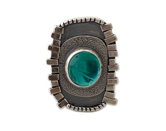 Asymmetrical Wide Band Ring Size 6.75, Teal Fused Glass Cabochon, Boho Style Design with Recycled Silver Pieces Set in Sterling Silver