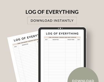 Log of Everything I Own Printable, keep an inventory of your home contents, Instant Download