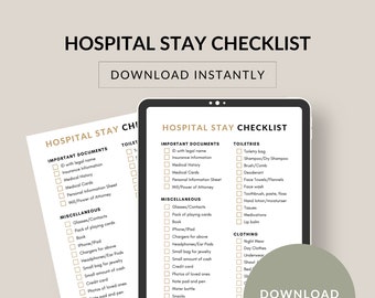 Hospital Stay Checklist, Prepare for an expected or unexpected visit to the hospital. Overnight or a longer hospital stay. Instant Download