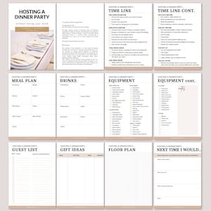 Może przedstawiać: Drukowana lista kontrolna i plan do organizacji przyjęcia obiadowego. Lista kontrolna zawiera sekcje dotyczące harmonogramu, planu posiłków, napojów, wyposażenia, listy gości, pomysłów na prezenty, planu piętra i następnym razem zrobiłbym. Planer został stworzony, aby pomóc w planowaniu i organizacji przyjęcia obiadowego.