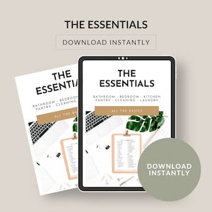Lista de verificación de artículos esenciales. Artículos básicos para tu dormitorio, baño, cocina, despensa, almacenamiento de limpieza y lavandería. Descarga e imprime.