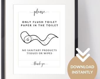Flush Toilet Paper Only Sign, Airbnb Restroom Printable (PDF)