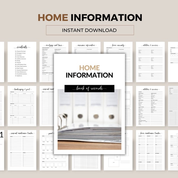Home Information Book of Records | 74 Pages. Track home maintenance, household planner, design planner and record keeper. Download instantly