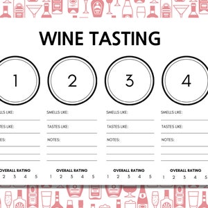 Op de afbeelding: Een wit wijnproefformulier met de tekst WINE TASTING bovenaan. Het bevat vier genummerde cirkels van 1 tot 4, met lijnen voor het noteren van geuren, smaken en opmerkingen, plus een algemene beoordelingsschaal van 1 tot 5 per wijnmonster.