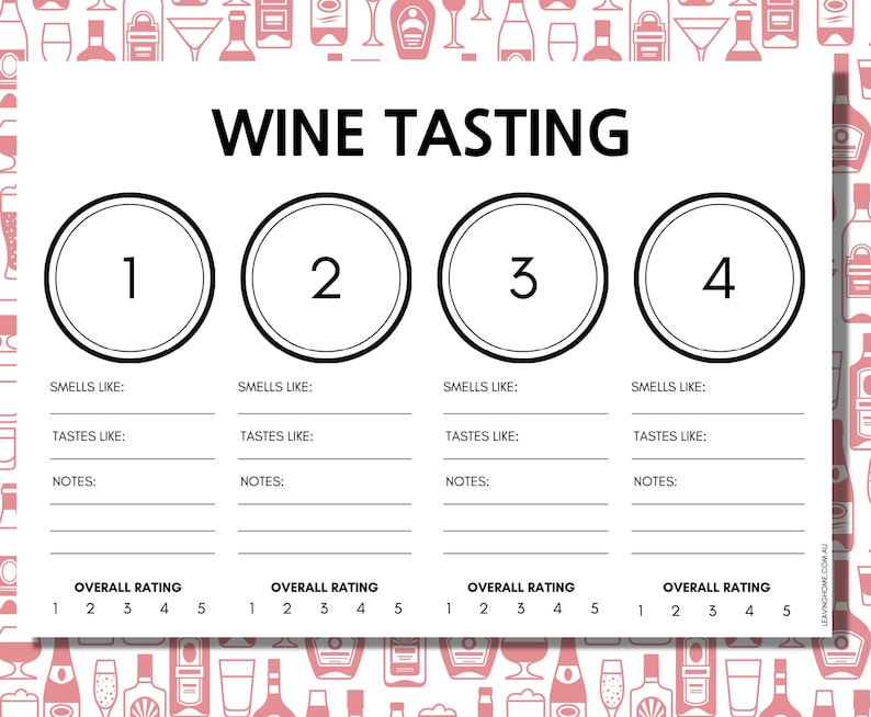 Op de afbeelding: Een wit wijnproefformulier met de tekst WINE TASTING bovenaan. Het bevat vier genummerde cirkels van 1 tot 4, met lijnen voor het noteren van geuren, smaken en opmerkingen, plus een algemene beoordelingsschaal van 1 tot 5 per wijnmonster.