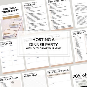 Pode incluir: Um conjunto de planejadores e listas de verificação imprimíveis para organizar um jantar, com títulos como "Linha do tempo", "Plano de refeições" e "Equipamento". As páginas têm um design limpo e minimalista com uma paleta de cores neutras e fontes em estilo manuscrito.