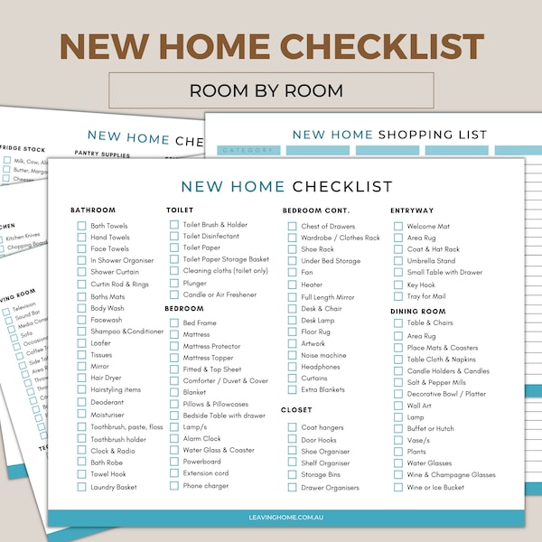 New Home Essentials Checklist. A room by room list of household items of things you need for your new home. Available to download instantly.