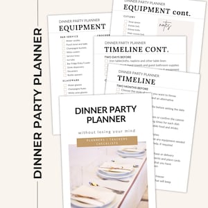 Puede incluir: Un conjunto de hojas de papel blancas tituladas Dinner Party Planner con texto en negro, listas de verificación y secciones para equipo, cronogramas y notas. La portada incluye una fotografía de una mesa con platos y cubiertos.
