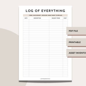 May include: A printable log sheet titled "Log of Everything" with columns for date, description, bought from, and cost. The sheet is designed to help track items purchased or received, and includes a section for asset inventory.