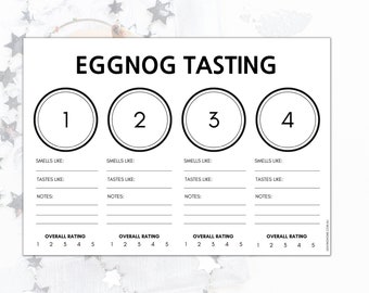 Op de afbeelding: Een printbaar eggnog-proefformulier met vier secties om verschillende eggnogs te beoordelen. Elke sectie heeft ruimte om de geur, smaak en notities over de eggnog op te schrijven. Er is ook een 1 tot 5 sterren beoordelingssysteem voor elke eggnog.