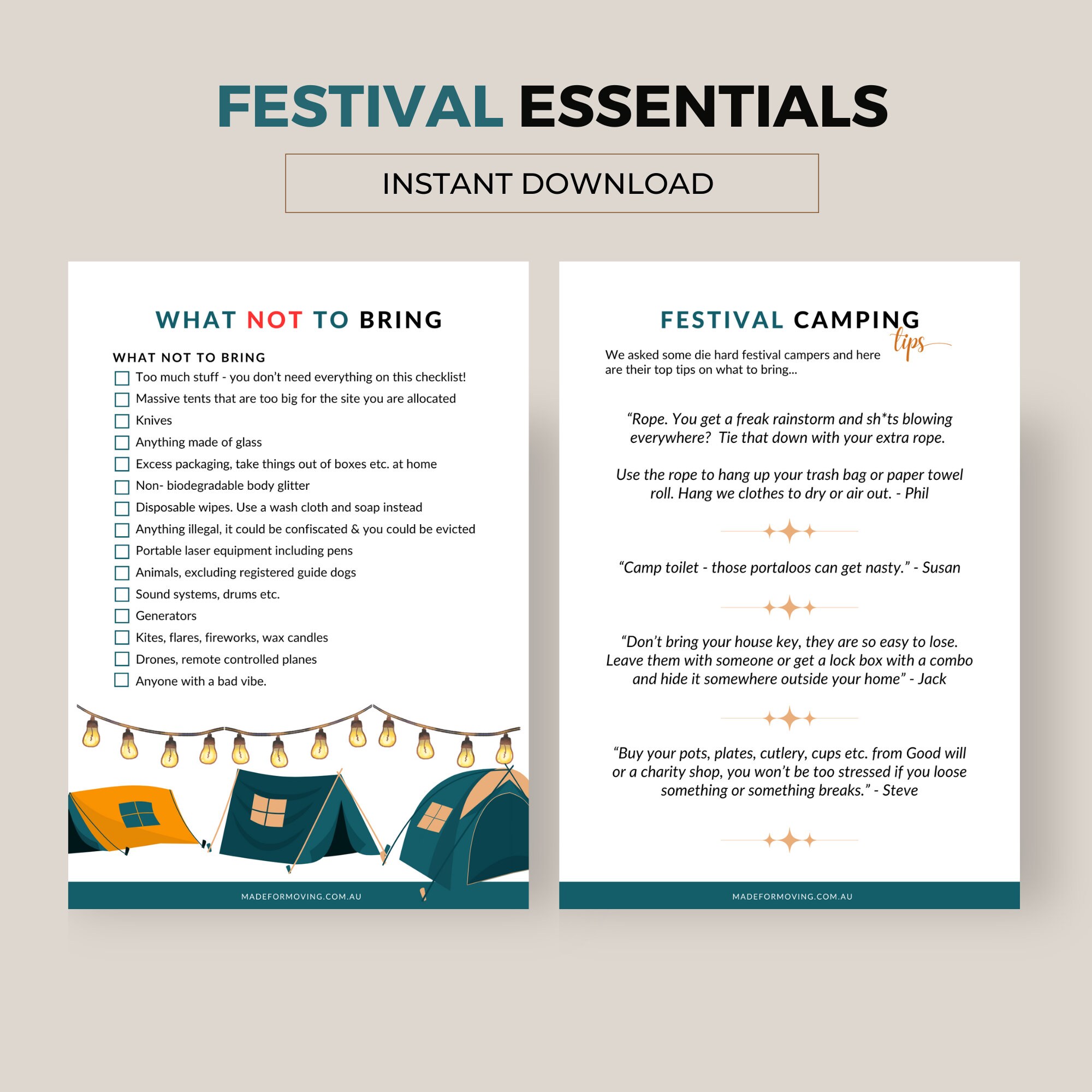 Festival Camping Checklist Essentials • Camping Gear Printable PDF ...