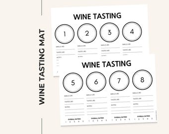 Peut inclure: Deux tapis de dégustation de vin rectangulaires blancs avec du texte et des graphiques noirs. Chaque tapis comporte quatre cercles numérotés de 1 à 8, avec des lignes pour noter les odeurs, les goûts, les remarques et une note globale de 1 à 5.