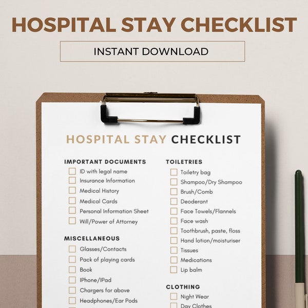 Hospital Stay Checklist, Prepare for an expected or unexpected visit to the hospital, Mom or Dad Go-Bag. Care taker list. Instant Download.