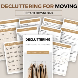 Pode incluir: Um guia de organização para mudança imprimível, com uma lista de verificação de itens para doar, vender, descartar ou guardar. O guia inclui uma seção sobre coisas a considerar ao organizar, como quais são seus objetivos e quanto espaço você tem. O guia também inclui um calendário para ajudá-lo a acompanhar seu progresso.