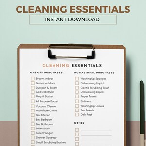 May include: A checklist on a clipboard with the title "Cleaning Essentials" and two sections: "One Off Purchases" and "Occasional Purchases". The checklist includes items such as broom, dustpan, mop, vacuum cleaner, washing up sponges, dishwashing liquid, and more.