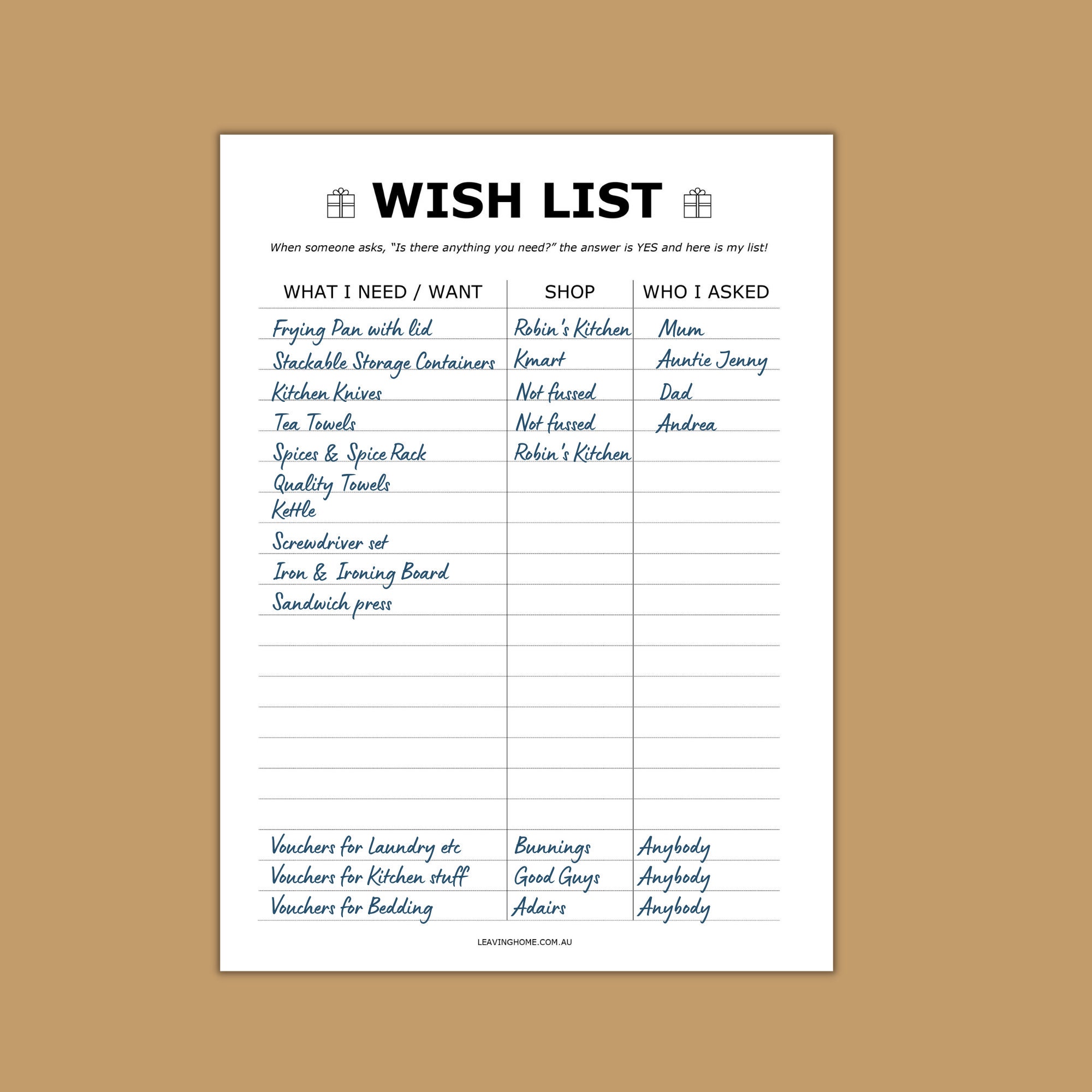 Wish List Moving Out of Home Leaving Home Instant Download Etsy