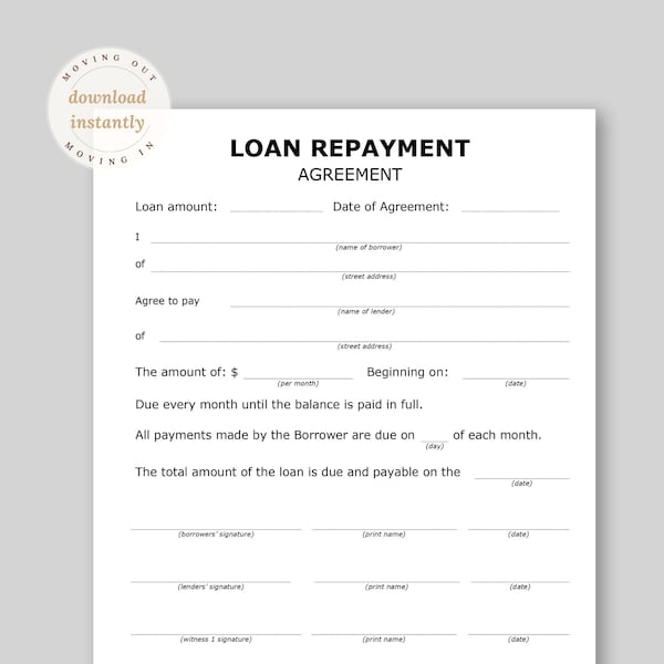 Loan Repayment Agreement Printable. If you are thinking of borrowing money download this to set expectations to avoid disagreements.