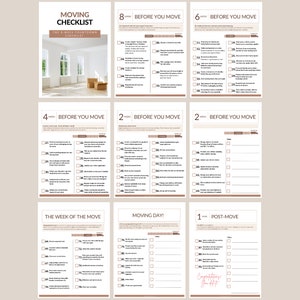 May include: A printable moving checklist with a brown and white color scheme. The checklist is divided into sections for 8 weeks, 6 weeks, 4 weeks, 2 weeks, 1 week, and the day of the move, and 1 week after the move. Each section has a list of tasks to complete before, during, and after the move.
