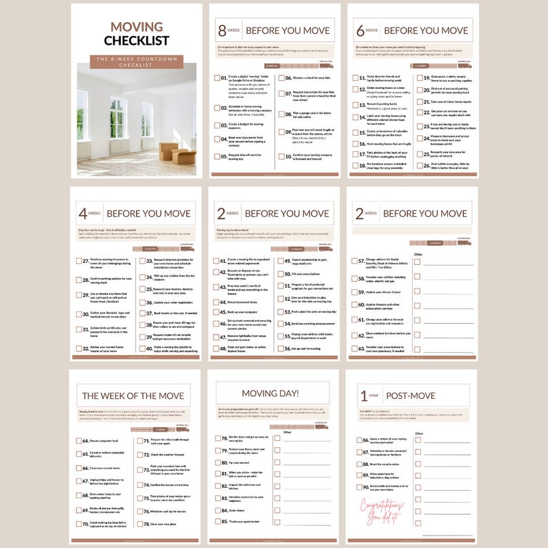 May include: A printable moving checklist with a brown and white color scheme. The checklist is divided into sections for 8 weeks, 6 weeks, 4 weeks, 2 weeks, 1 week, and the day of the move, and 1 week after the move. Each section has a list of tasks to complete before, during, and after the move.