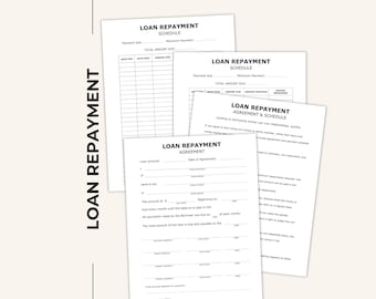 Könnte beinhalten: Ein Stapel weißer Papierformulare mit der Überschrift Loan Repayment Schedule und Loan Repayment Agreement mit schwarzem Text und Linien zum Ausfüllen von Details wie Fälligkeitsdaten, Beträgen und Unterschriften für Darlehensverträge.