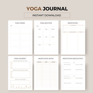 May include: Printable yoga journal with sections for yoga poses, yoga routine, meditation, yoga journey, meditation music, and meditation reflection. The journal has a minimalist design with a brown and white color scheme.